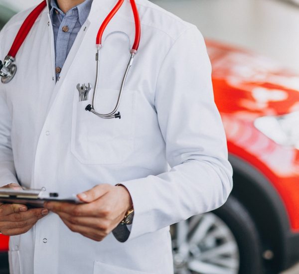 car doctor with stethoscope in a car showroom